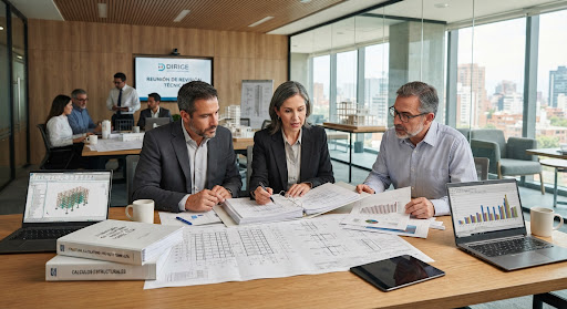 Comité directivo de ingeniería discutiendo alternativas técnicas de obra