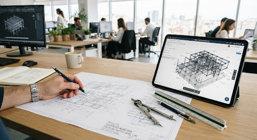 Mesa de ingeniería con planos técnicos, herramientas de precisión y tablet con gemelo BIM