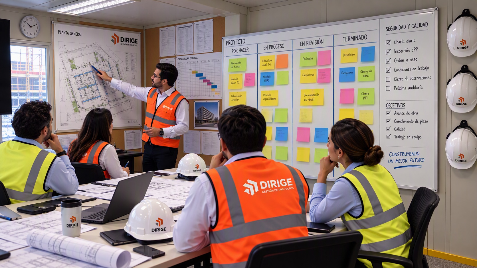 Sala de control de proyectos con ingenieros revisando cronogramas y modelos 3D